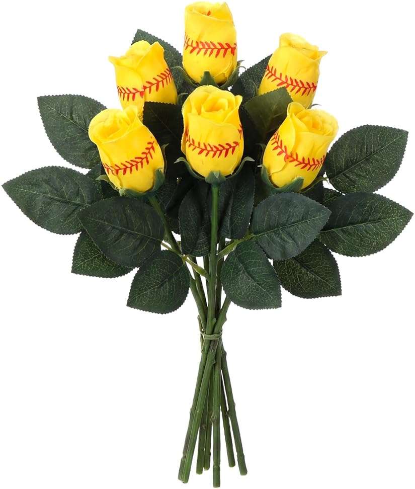 Hotop 6 Pcs Softball Roses with Leaves Artificial Yellow Rose Bouquet for Softball Team Senior Fans Coach Gift Sports Theme Graduation Wedding Party Decoration - Image 1