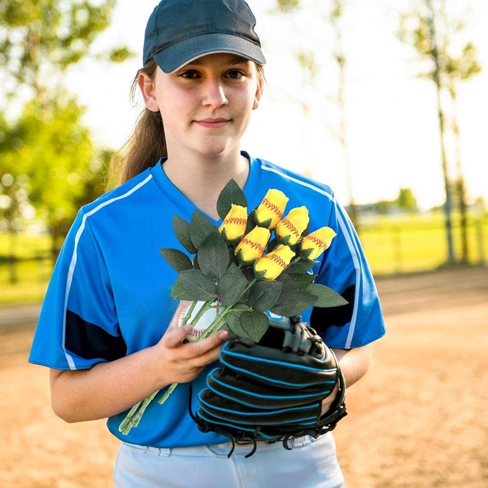 Hotop 6 Pcs Softball Roses with Leaves Artificial Yellow Rose Bouquet for Softball Team Senior Fans Coach Gift Sports Theme Graduation Wedding Party Decoration - Image 2