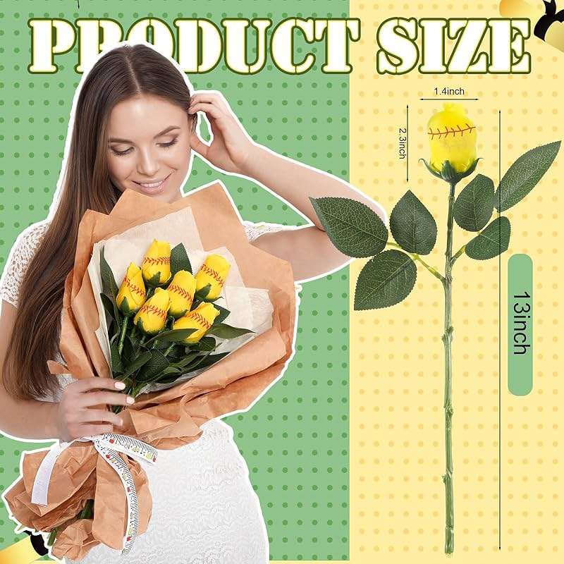 Hotop 6 Pcs Softball Roses with Leaves Artificial Yellow Rose Bouquet for Softball Team Senior Fans Coach Gift Sports Theme Graduation Wedding Party Decoration - Image 3