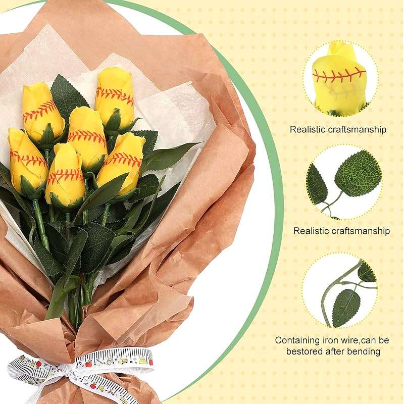Hotop 6 Pcs Softball Roses with Leaves Artificial Yellow Rose Bouquet for Softball Team Senior Fans Coach Gift Sports Theme Graduation Wedding Party Decoration - Image 4