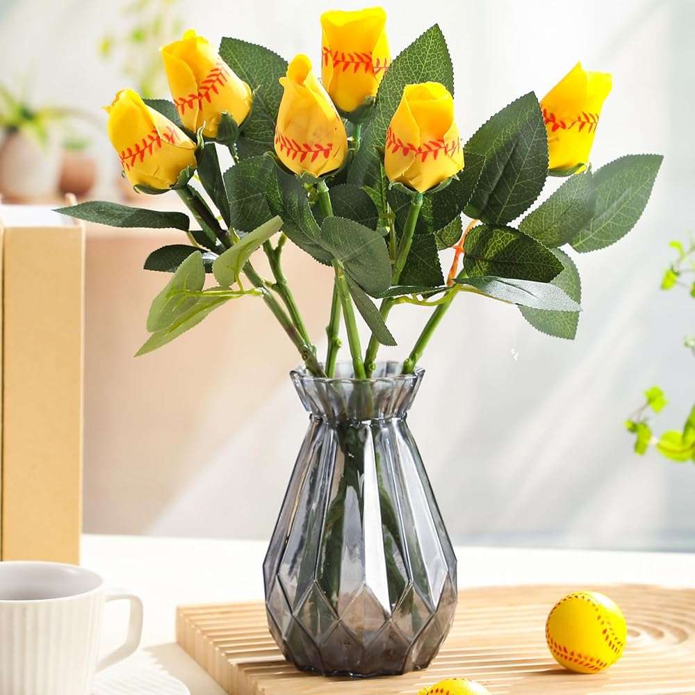 Hotop 6 Pcs Softball Roses with Leaves Artificial Yellow Rose Bouquet for Softball Team Senior Fans Coach Gift Sports Theme Graduation Wedding Party Decoration - Image 5