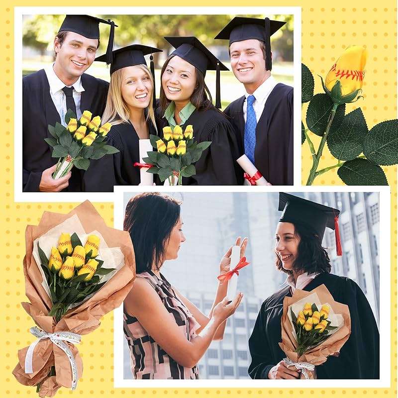 Hotop 6 Pcs Softball Roses with Leaves Artificial Yellow Rose Bouquet for Softball Team Senior Fans Coach Gift Sports Theme Graduation Wedding Party Decoration - Image 6