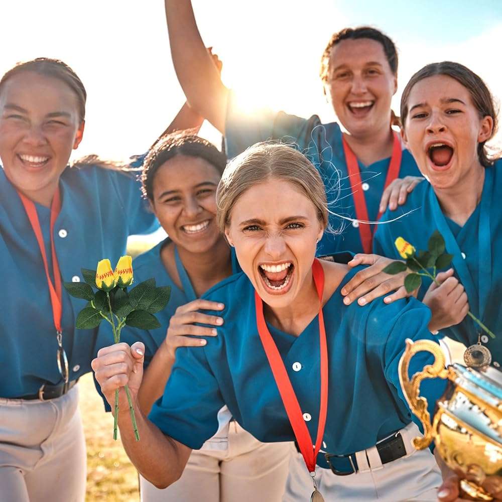 Hotop 6 Pcs Softball Roses with Leaves Artificial Yellow Rose Bouquet for Softball Team Senior Fans Coach Gift Sports Theme Graduation Wedding Party Decoration - Image 7