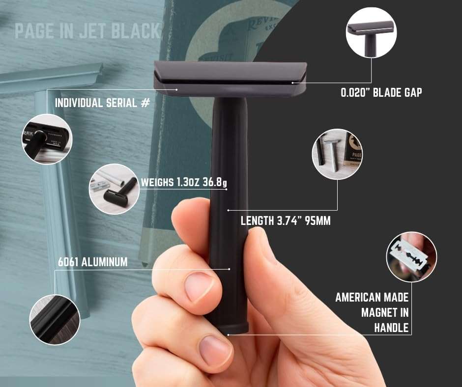 Rex Supply Co. Page Three Piece Double Edge Safety Razor – Jet Black Aluminum Finish, Lightweight CNC-Milled Razor for Men, Travel-Friendly Shaving Tool Compatible with All DE Blades - Image 2