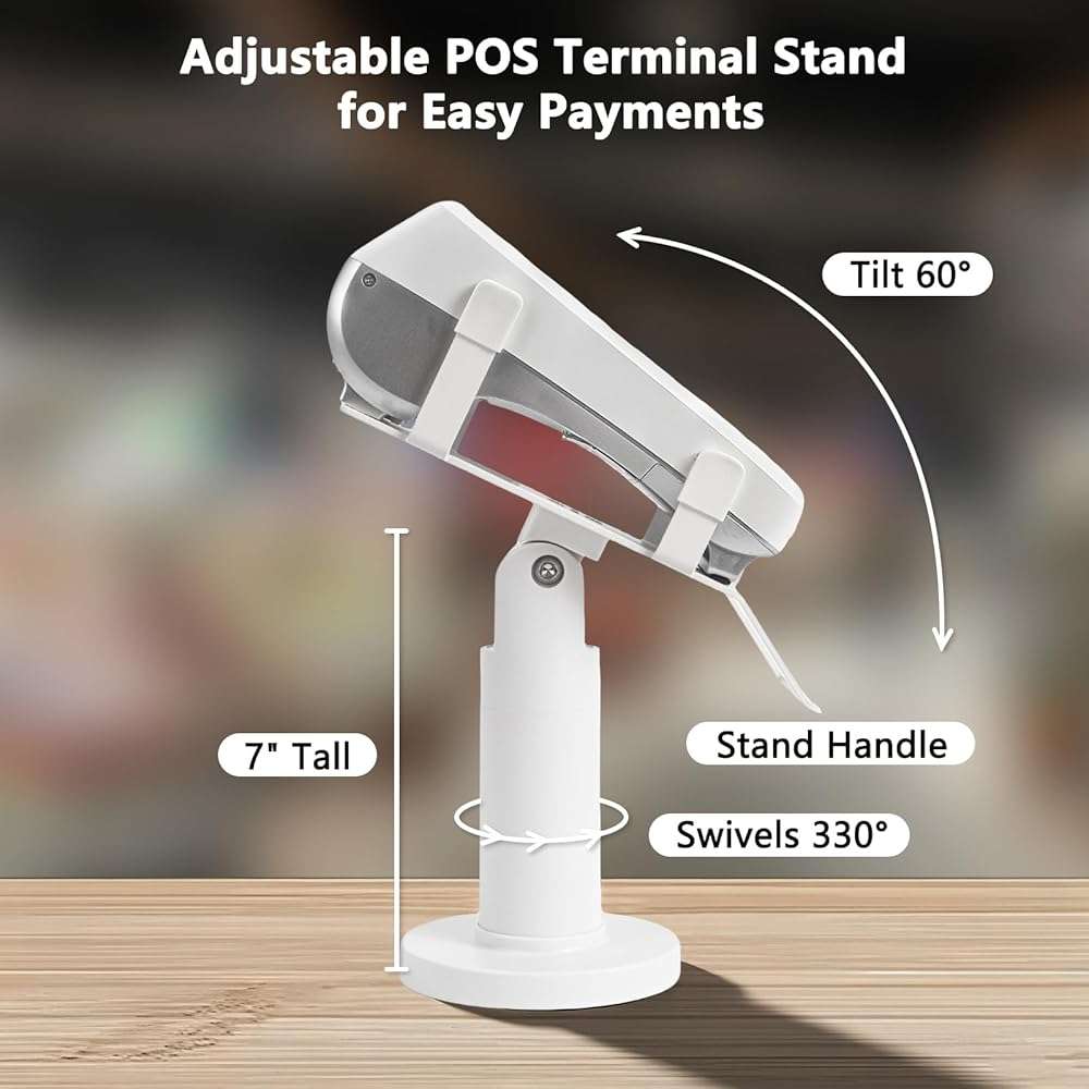 CRIZISTON Square POS Terminal Stand for Pax A80-7" Tall Swivel & Tilt Credit Card Machine Stand, Square Terminal Holder Compatible with Pax A80, Screw-in or Adhesive Install(Complete Kits), White - Image 3