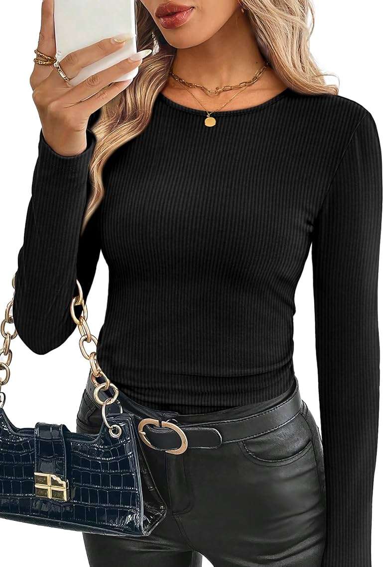 WIHOLL Long Sleeve Shirts for Women Fall Fashion Thermal Shirts Rib Knit Winter Clothing Warm Undershirts Basic T-Shirts - Image 2