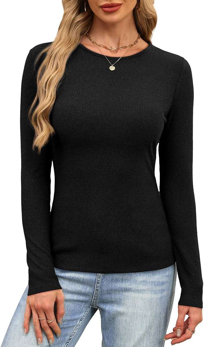 WIHOLL Long Sleeve Shirts for Women Fall Fashion Thermal Shirts Rib Knit Winter Clothing Warm Undershirts Basic T-Shirts - Image 5