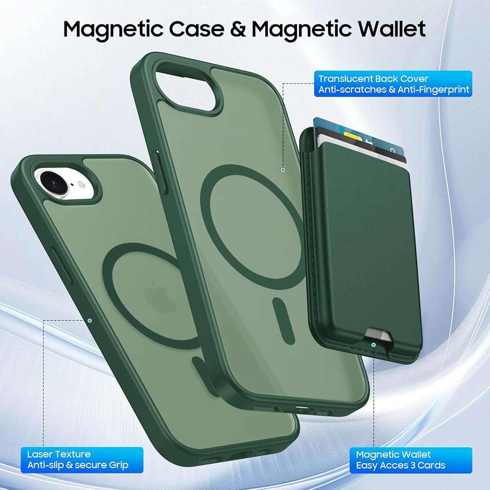 Ntwinro Magnetic for iPhone 17e/iPhone 16e Case, Detachable Magnetic Wallet with Card Holder, [Fit for MagSafe] Military-Grade Shockproof Translucent Matte Anti-Scratch Phone Cover, Green - Image 3
