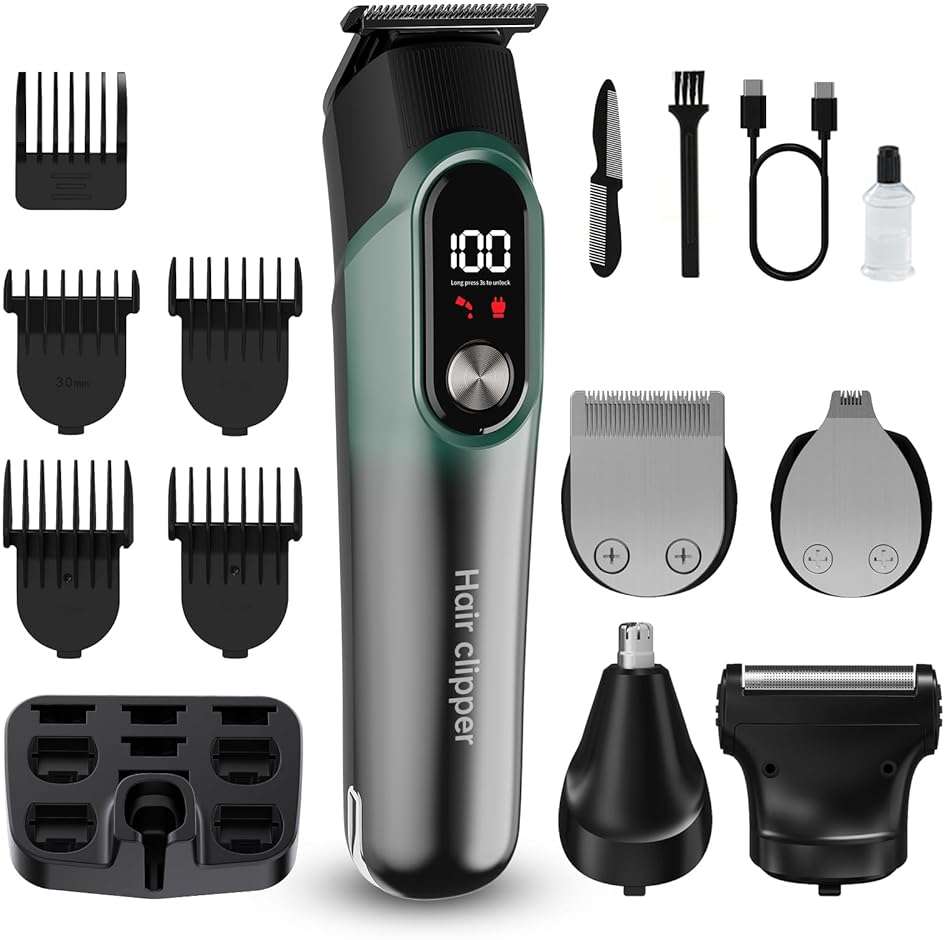RUIBO Beard Trimmer for Men, 5-in-1 Cordless Hair Clipper Kit with Foil Razor, Waterproof Body, Nose & Ear Groomer, Precision Trimming for Beard, Hair & Body Care (Green) - Image 1