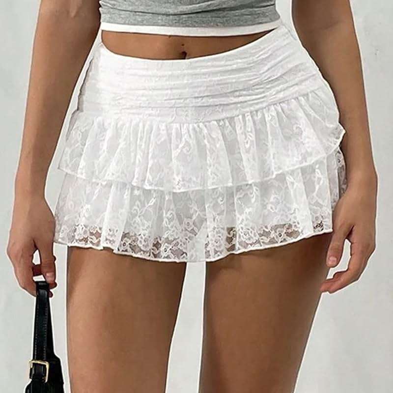 Women's Floral Lace Mini Floral Skirt Y2k Low Waist Double Ruffle Layered Flowy A Line Shorts Going Out Streetwear Skirts - Image 2