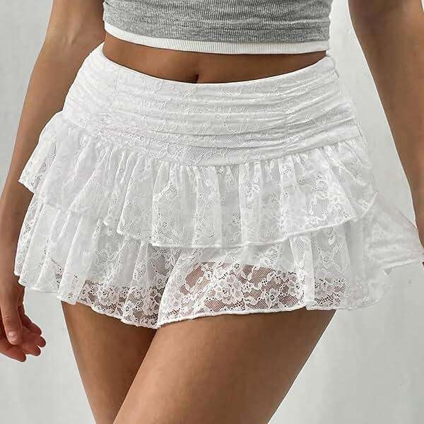 Women's Floral Lace Mini Floral Skirt Y2k Low Waist Double Ruffle Layered Flowy A Line Shorts Going Out Streetwear Skirts - Image 4