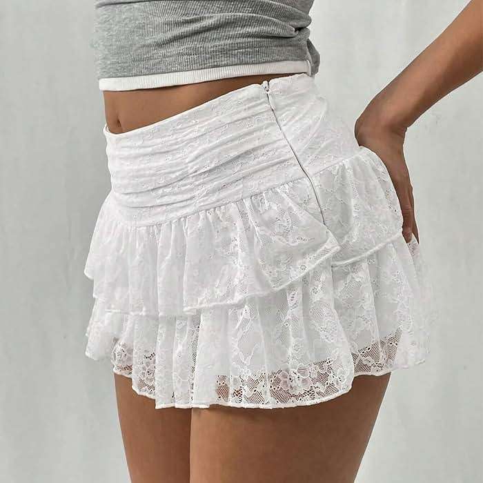 Women's Floral Lace Mini Floral Skirt Y2k Low Waist Double Ruffle Layered Flowy A Line Shorts Going Out Streetwear Skirts - Image 5