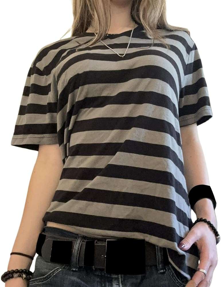 Y2k Women Striped Crop Tops Long Sleeve Loose Fit Fairy Grunge Tees T-Shirt Color Block Casual Fall Going Out - Image 1