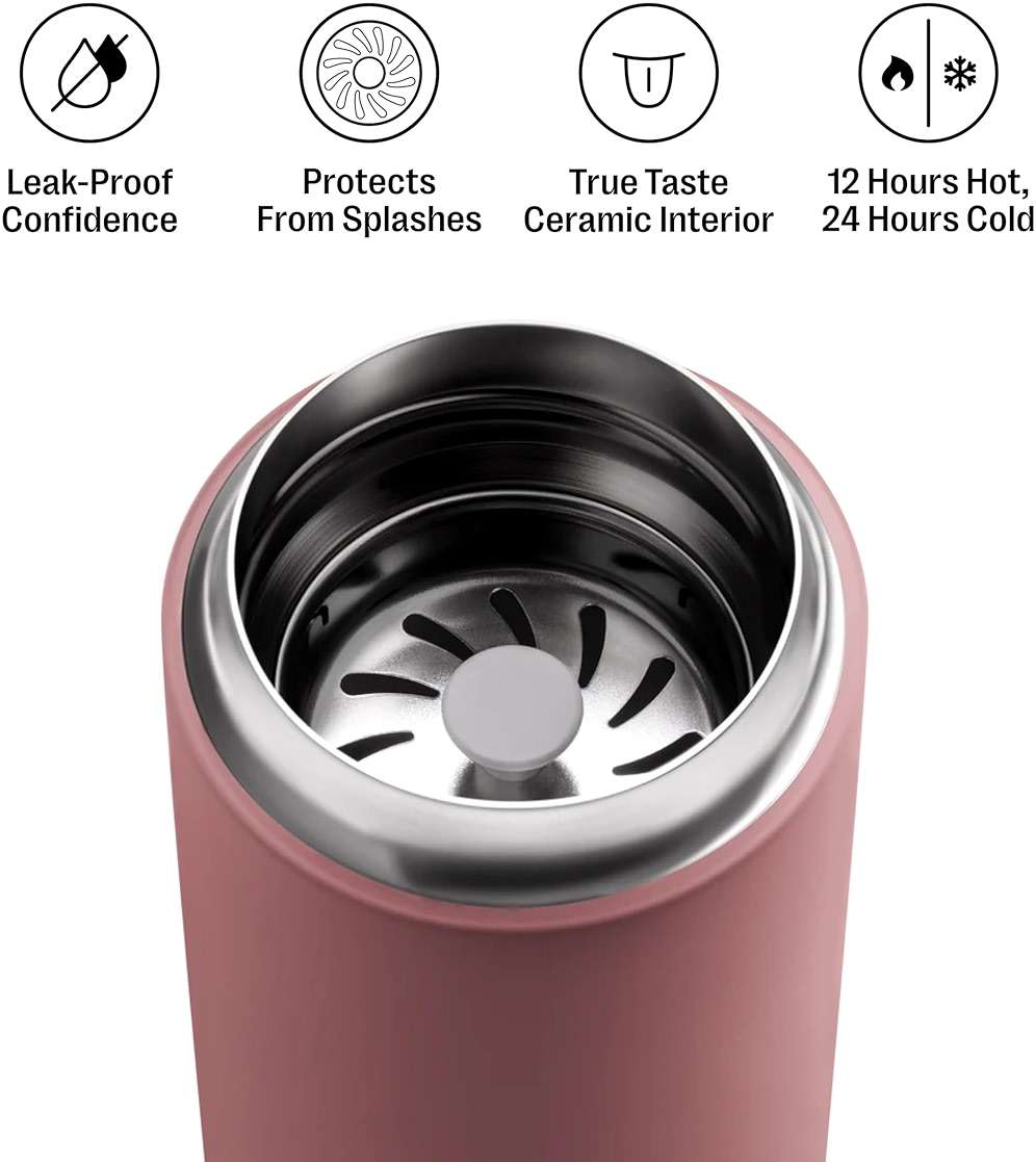 Fellow Carter Move Travel Mug - Vacuum-Insulated Stainless Steel Coffee and Tea Tumbler with Ceramic Interior and Splash Guard, 16 oz Cup - Desert Rose - Image 3
