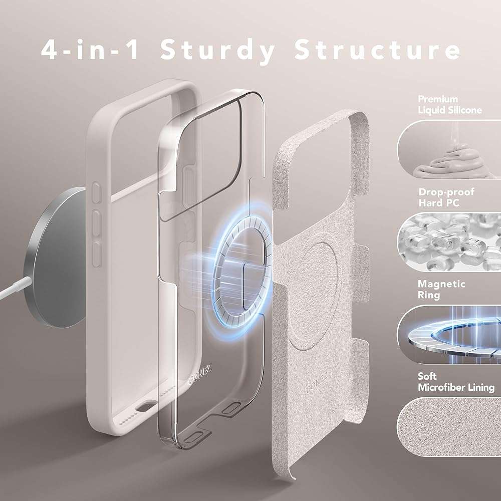 GONEZ Magnetic for iPhone 17 Pro Max Case, [Compatible with MagSafe] Anti-Scratch Microfiber Lining & Screen Protector, Silicone Camera Control, Shockproof Slim Phone Cover 6.9 inch, Stone - Image 5