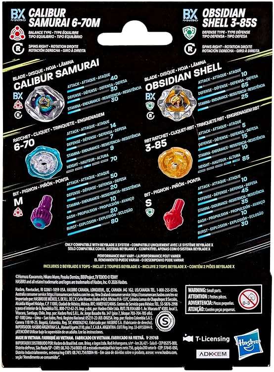 Beyblade X Calibur Samurai 6-70M BX & Obsidian Shell 3-85S BX Takara Tomy Dual Pack Set with 2 Right-Spinning Tops, Battling Tops Game Toys, Ages 8+ - Image 2