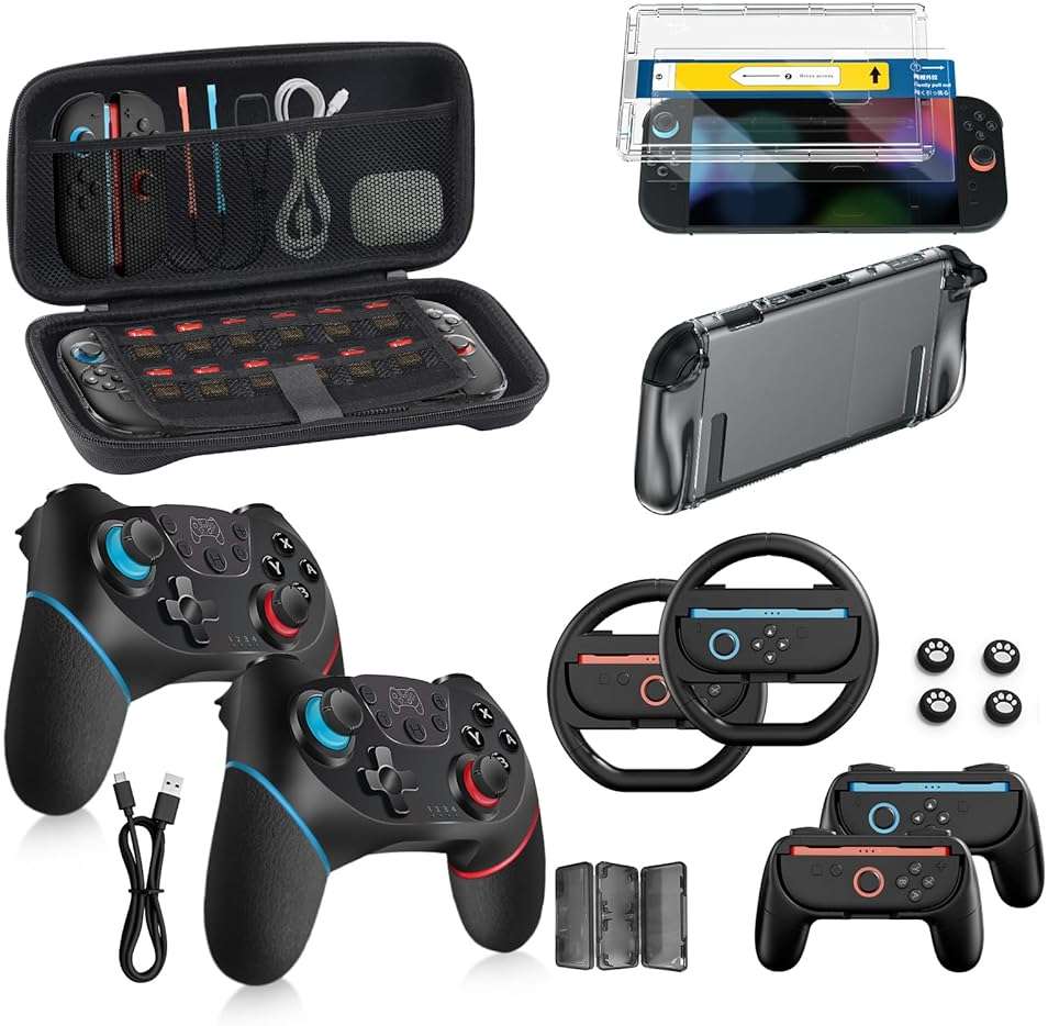 Pro Controllers Accessories Bundle for Nintendo Switch 2 18-in-1: Carrying Case, Screen Protector, Thumb Grip for Joycon, Dockable Console Protective Cover Shell, Steering Wheel, 2025 Switch2 Game Kit - Image 1