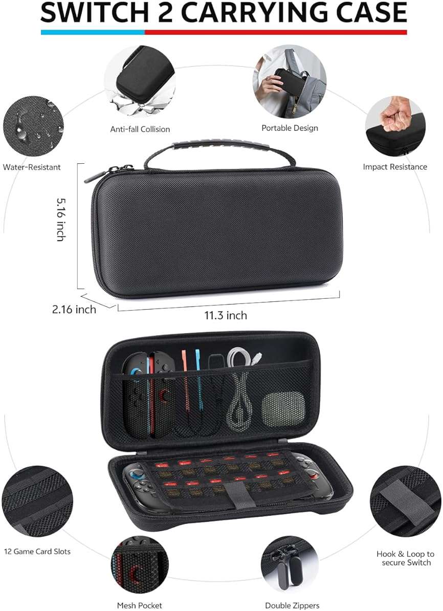 Pro Controllers Accessories Bundle for Nintendo Switch 2 18-in-1: Carrying Case, Screen Protector, Thumb Grip for Joycon, Dockable Console Protective Cover Shell, Steering Wheel, 2025 Switch2 Game Kit - Image 4