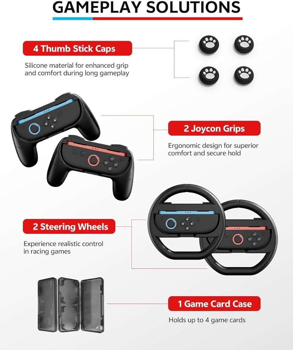 Pro Controllers Accessories Bundle for Nintendo Switch 2 18-in-1: Carrying Case, Screen Protector, Thumb Grip for Joycon, Dockable Console Protective Cover Shell, Steering Wheel, 2025 Switch2 Game Kit - Image 9