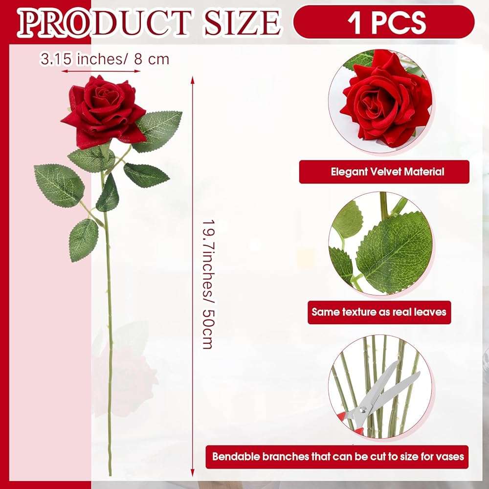 Suncalla Velvet Artificial Flowers Rose, Single Rose Real to Touch Fake Silk 3.15” Flower Head with Long Stem for Women Wedding Mother Valentine Gift Home Decor Anniversary(Red) - Image 2