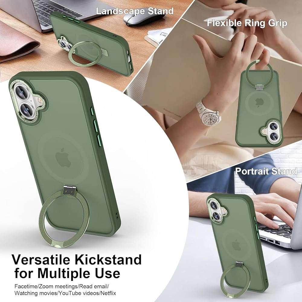 Lufanbis Magnetic for iPhone 17 Case with Ring Stand, [10 FT Drop Protection] [Velvety Touch] Slim Translucent Matte Back Shockproof Phone Case for iPhone 17 6.3'', Midnight Green - Image 3