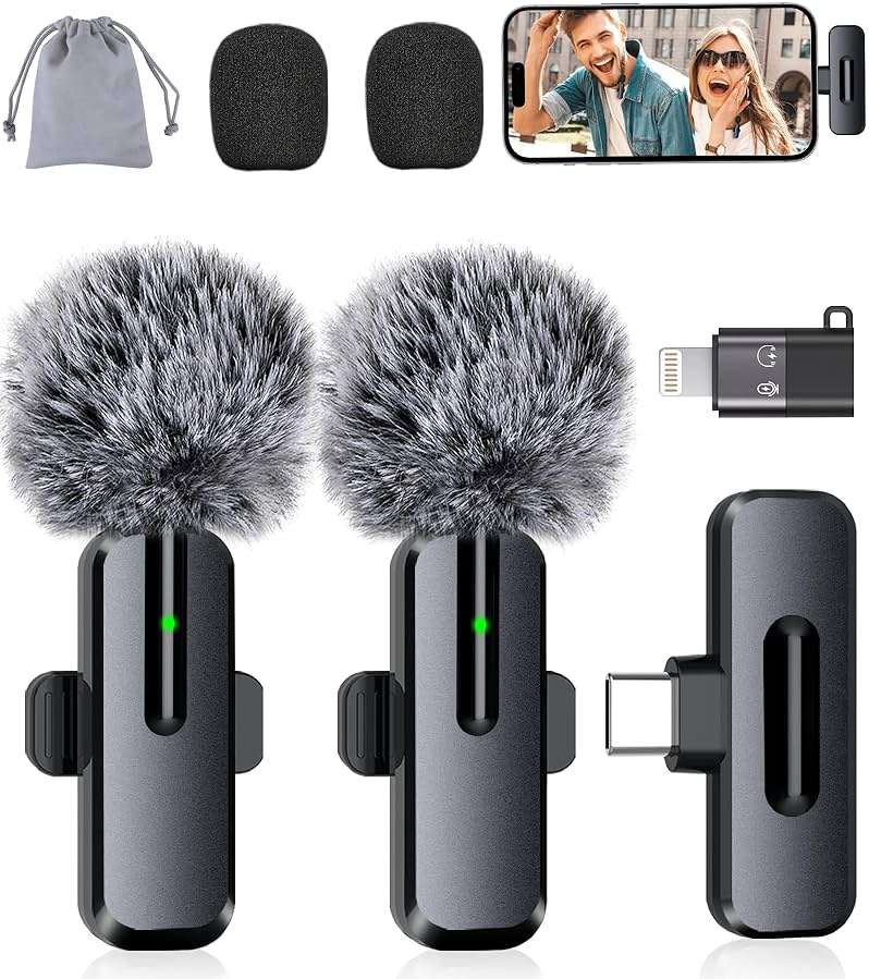 Wireless Mini Microphone for iPhone, Android - 2 Pack Lavalier Microphone for Video Recording, 2 In 1 Noise Reduction Lapel Mic for Ipad, Clip-on Mini Mic with USB-C for Content Creators Podcast - Image 1