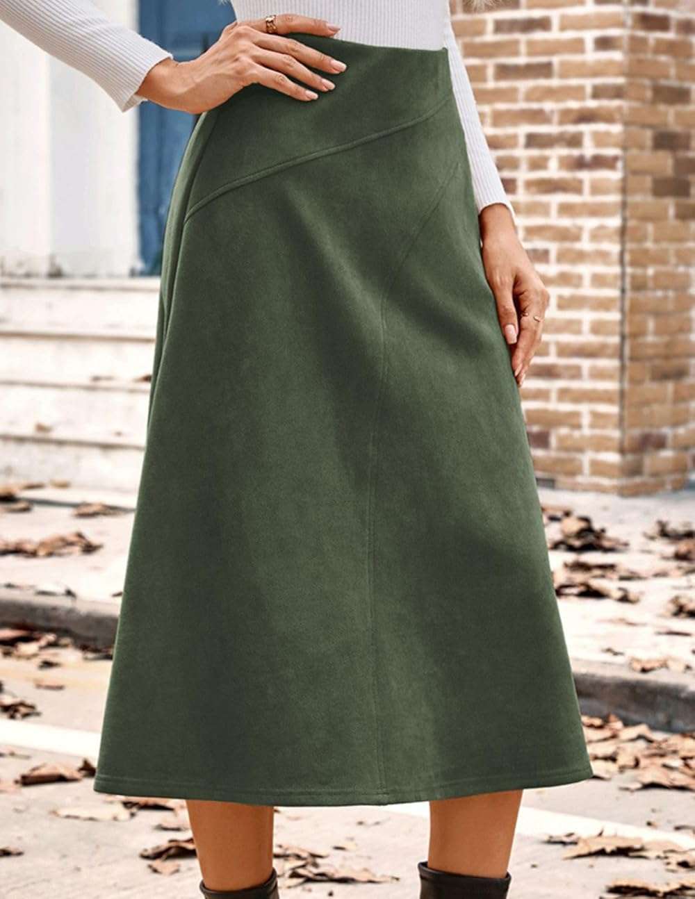 Kate Kasin 2026 Women's Suede Skirts, High Waist A-Line Skirt, Fall Winter Midi Skirt - Image 4
