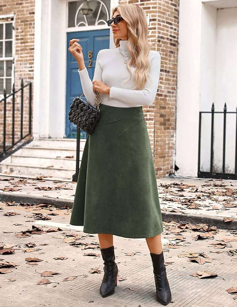 Kate Kasin 2026 Women's Suede Skirts, High Waist A-Line Skirt, Fall Winter Midi Skirt - Image 7