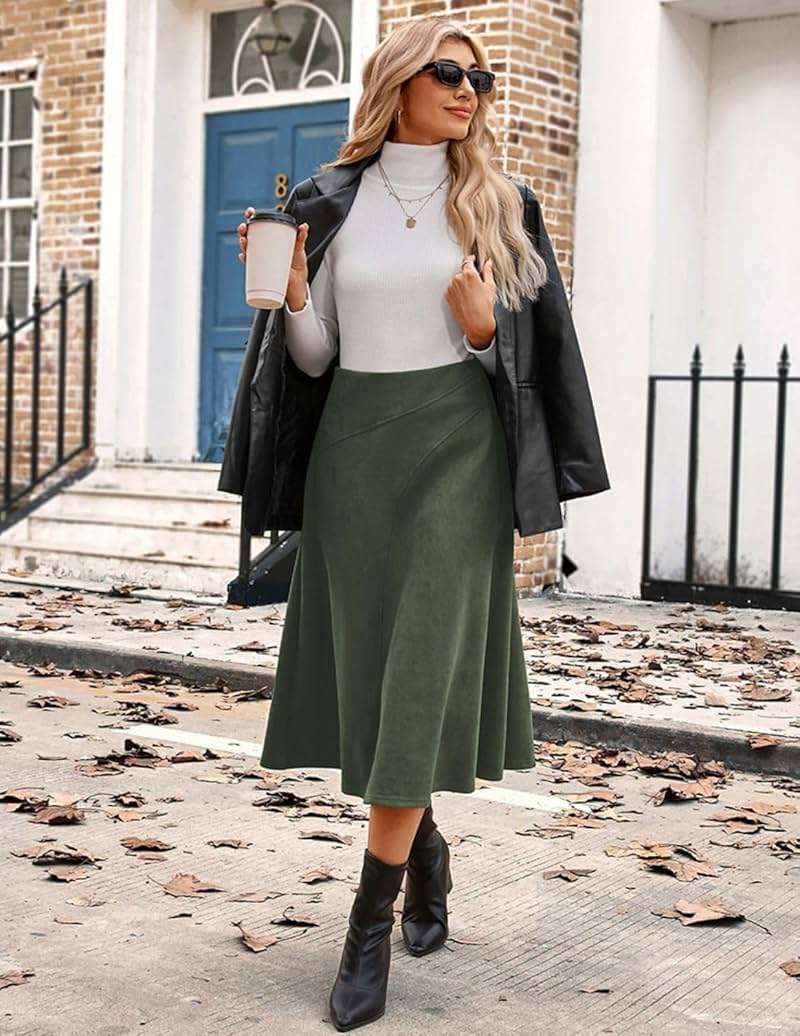 Kate Kasin 2026 Women's Suede Skirts, High Waist A-Line Skirt, Fall Winter Midi Skirt - Image 8