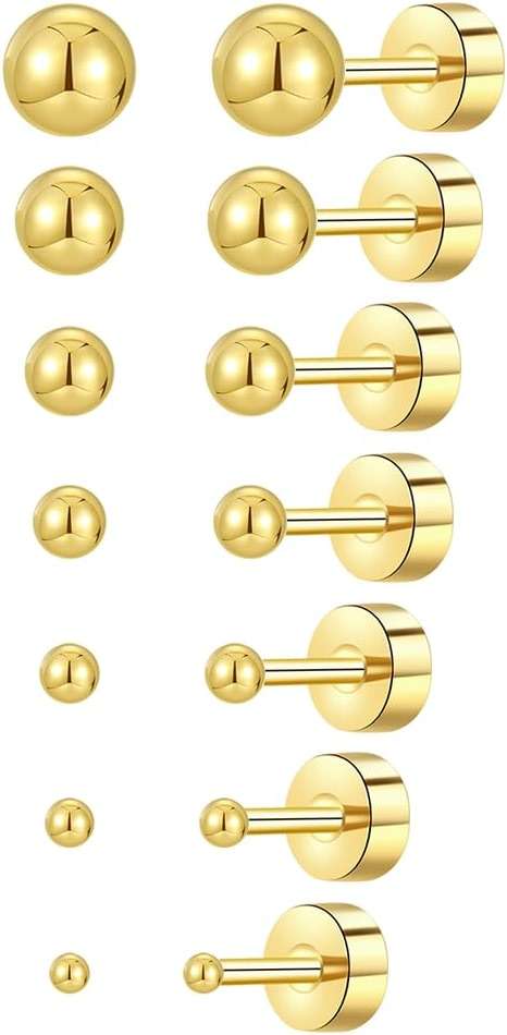 7/14 Pairs Surgical Steel Flat Back Earrings for Women Men, 20G Hypoallergenic Silver/Gold Plated Artificial Cubic Zirconia/Ball Stud Earring Set Fashion Flatback Studs Cartilage Earrings Pack for Multiple Piercing - Image 1
