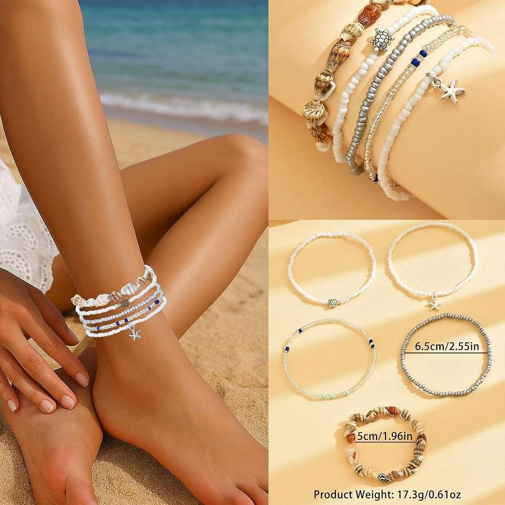 EILINOA 25 Pcs Shell And Starfish Jewelry Set Ocean-Inspired Earrings Stackable Rings Layered Shell Necklaces And Beaded Beach Bracelets Boho Summer Jewelry for Women, Vacation Gifts - Image 6