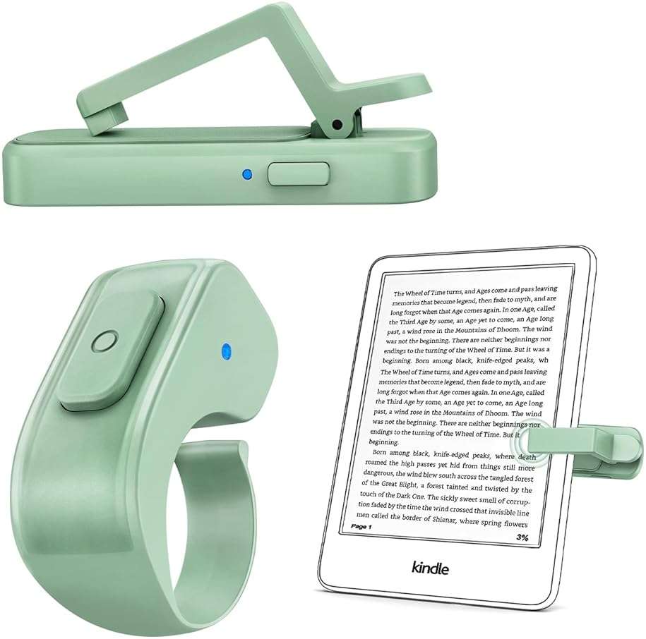 [Case-Friendly] Remote Control Page Turner Ring for Kindle Paperwhite Oasis Scribe Kobo eReaders, Camera Camcorder Remote Controls, Page Turner Clicker for iPhone ipad Tablets with Storage Bag Green - Image 1