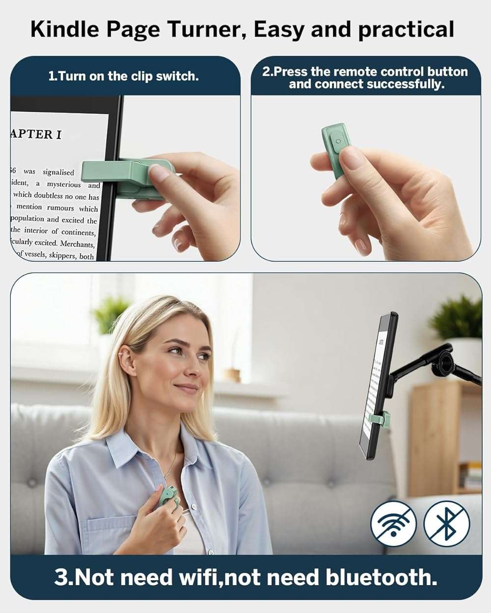 [Case-Friendly] Remote Control Page Turner Ring for Kindle Paperwhite Oasis Scribe Kobo eReaders, Camera Camcorder Remote Controls, Page Turner Clicker for iPhone ipad Tablets with Storage Bag Green - Image 3