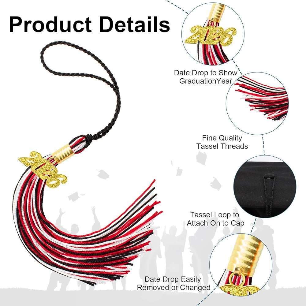 Graduation Tassel 2026, Red Black White Tassels for Graduation Cap, Class of 2026 Grad Tassel with Golden Charm for Academic Graduations Hat Decorations Accessories Ceremonies Party Favors Supplies - Image 4
