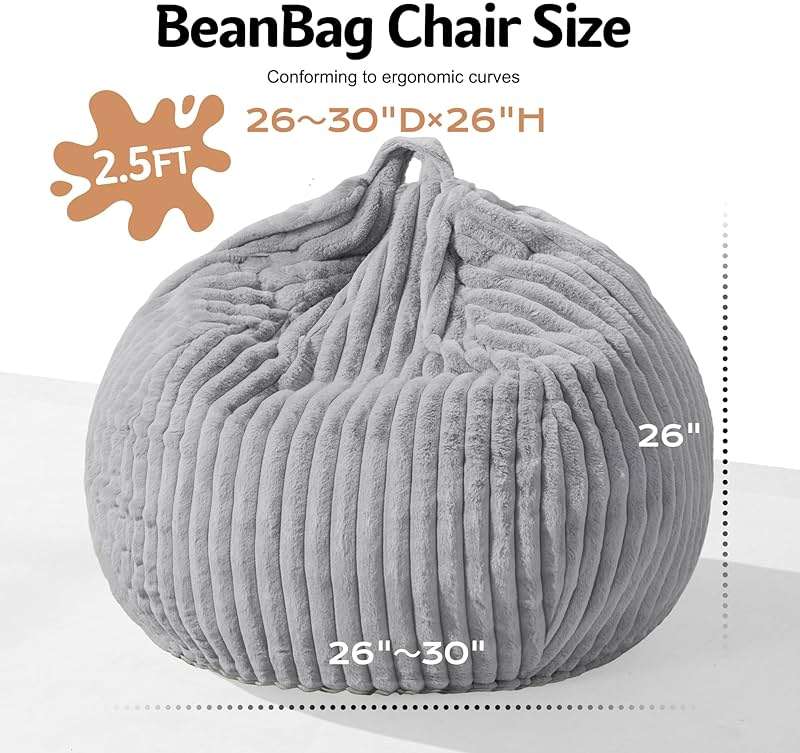 Homguava 2FT Bean Bag Chair, 2' Small Bean Bags with Memory Foam Filled, Beanbag Chairs with Machine Washable Cover Dutch Corded Plush Cover for Classroom,Living Room,Bedroom-Light Grey - Image 2