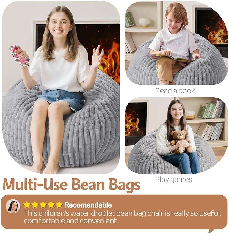 Homguava 2FT Bean Bag Chair, 2' Small Bean Bags with Memory Foam Filled, Beanbag Chairs with Machine Washable Cover Dutch Corded Plush Cover for Classroom,Living Room,Bedroom-Light Grey - Image 3