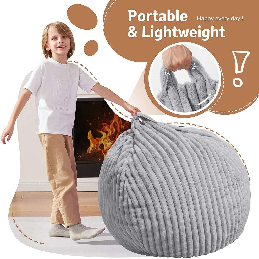 Homguava 2FT Bean Bag Chair, 2' Small Bean Bags with Memory Foam Filled, Beanbag Chairs with Machine Washable Cover Dutch Corded Plush Cover for Classroom,Living Room,Bedroom-Light Grey - Image 5