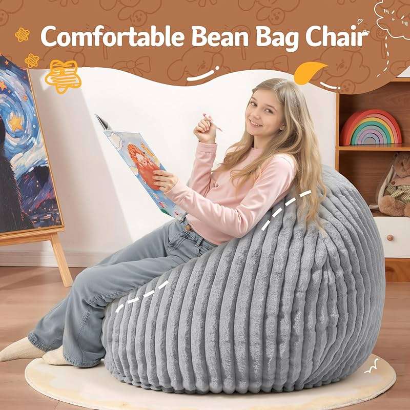 Homguava 2FT Bean Bag Chair, 2' Small Bean Bags with Memory Foam Filled, Beanbag Chairs with Machine Washable Cover Dutch Corded Plush Cover for Classroom,Living Room,Bedroom-Light Grey - Image 6