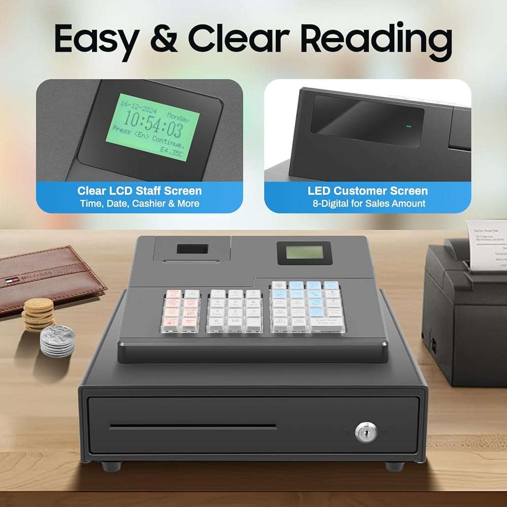 Cash Register for Small Businesses, 39 Keys Cash Management System with Drawer Box & 8-Character LED, Electronic Cash Register for Retail, Restaurant, Supermarket - Image 2