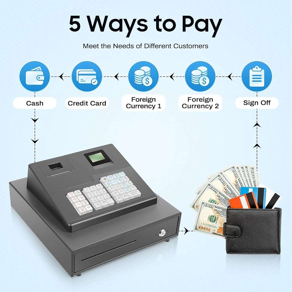 Cash Register for Small Businesses, 39 Keys Cash Management System with Drawer Box & 8-Character LED, Electronic Cash Register for Retail, Restaurant, Supermarket - Image 4