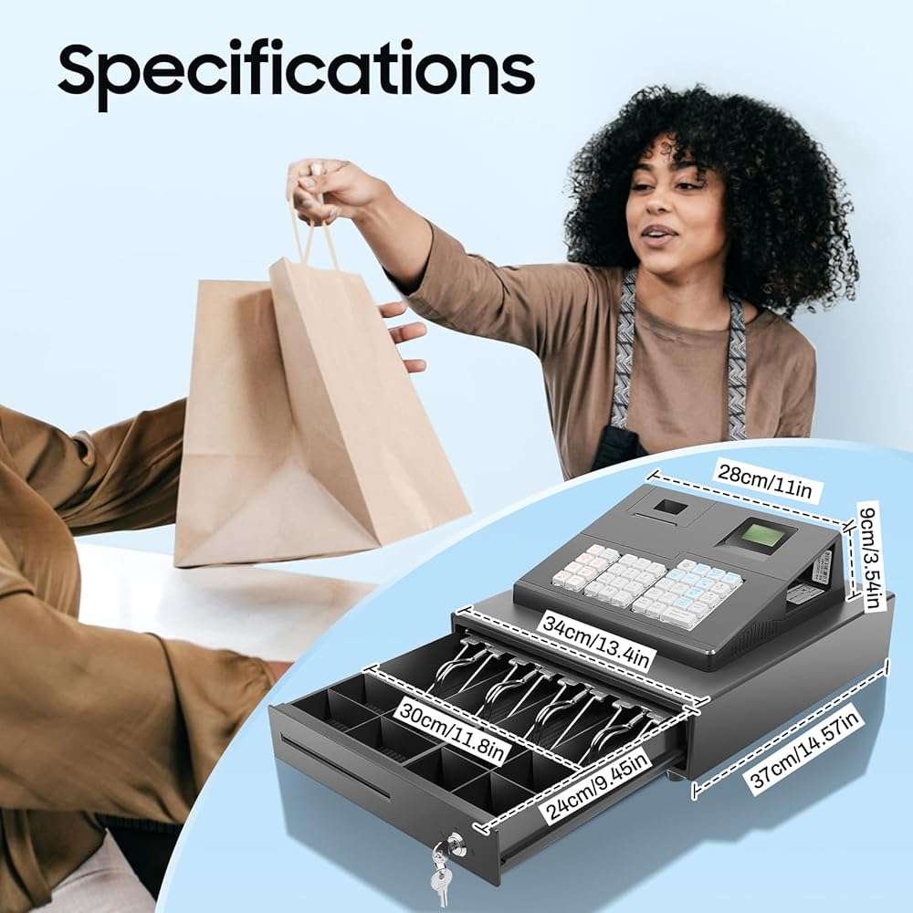 Cash Register for Small Businesses, 39 Keys Cash Management System with Drawer Box & 8-Character LED, Electronic Cash Register for Retail, Restaurant, Supermarket - Image 7