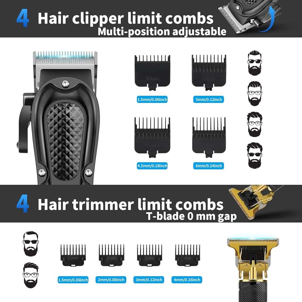 Professional Hair Clippers for Men, Cordless Complete Barber Kit with Electric Hair Clipper T-Blade Beard Trimmer Foil Shaver, Men's Hair Cutting Grooming Kit, 8 Guide Combs, Barber or Home - Image 2