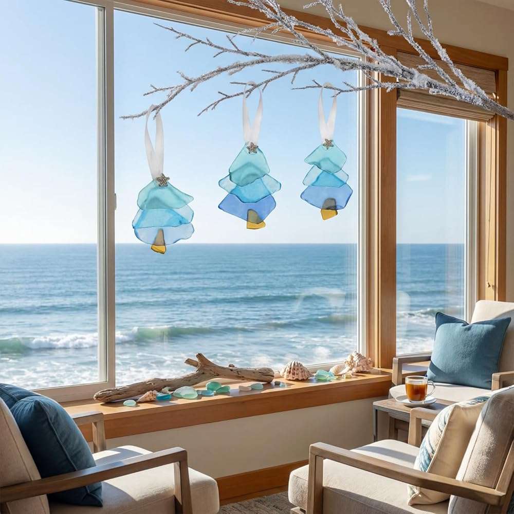Bucherry 3 Pcs Sea Glass Ornaments Sea Crystal Glass Decor Crafts Tree Hanging Ornament Tree Ornaments for Beach Ocean Room Wedding Lover Gift Party Table Decor (Blue - Image 1