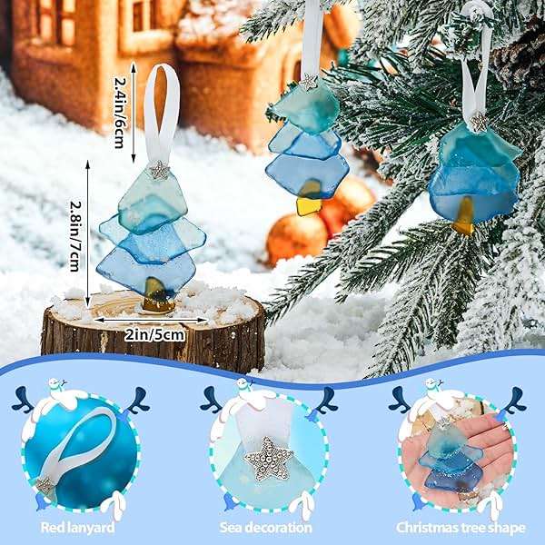 Bucherry 3 Pcs Sea Glass Ornaments Sea Crystal Glass Decor Crafts Tree Hanging Ornament Tree Ornaments for Beach Ocean Room Wedding Lover Gift Party Table Decor (Blue - Image 2