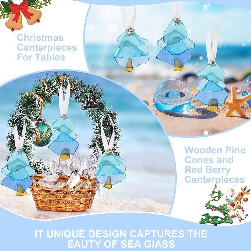 Bucherry 3 Pcs Sea Glass Ornaments Sea Crystal Glass Decor Crafts Tree Hanging Ornament Tree Ornaments for Beach Ocean Room Wedding Lover Gift Party Table Decor (Blue - Image 3