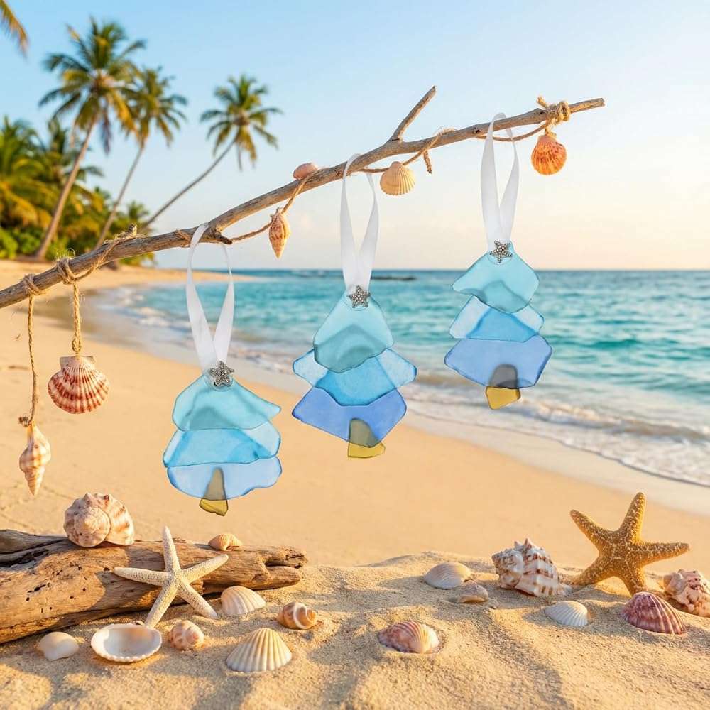 Bucherry 3 Pcs Sea Glass Ornaments Sea Crystal Glass Decor Crafts Tree Hanging Ornament Tree Ornaments for Beach Ocean Room Wedding Lover Gift Party Table Decor (Blue - Image 6