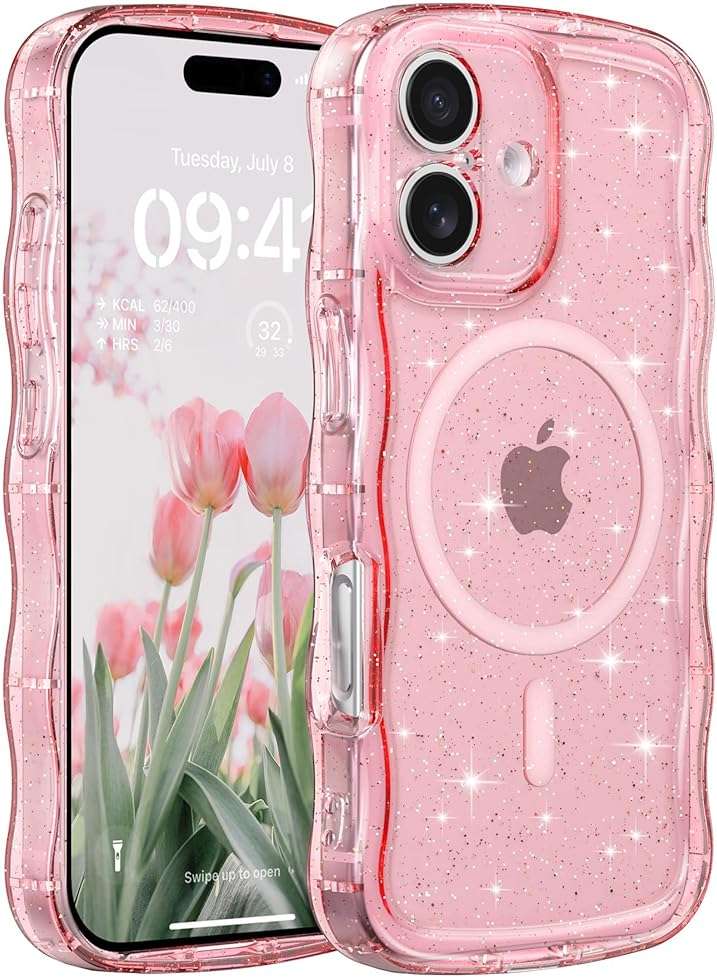 FABSPARK Case for iPhone 16e/17e,Compatible with MagSafe,Magnetic Clear Curly Wavy Frame Wave Case with Sparkly Bling Glitter,Transparent Acrylic Hard PC for iPhone 17e/16e,Glitter Clear Pink - Image 1