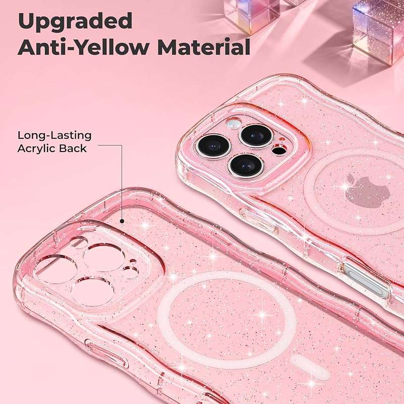 FABSPARK Case for iPhone 16e/17e,Compatible with MagSafe,Magnetic Clear Curly Wavy Frame Wave Case with Sparkly Bling Glitter,Transparent Acrylic Hard PC for iPhone 17e/16e,Glitter Clear Pink - Image 2