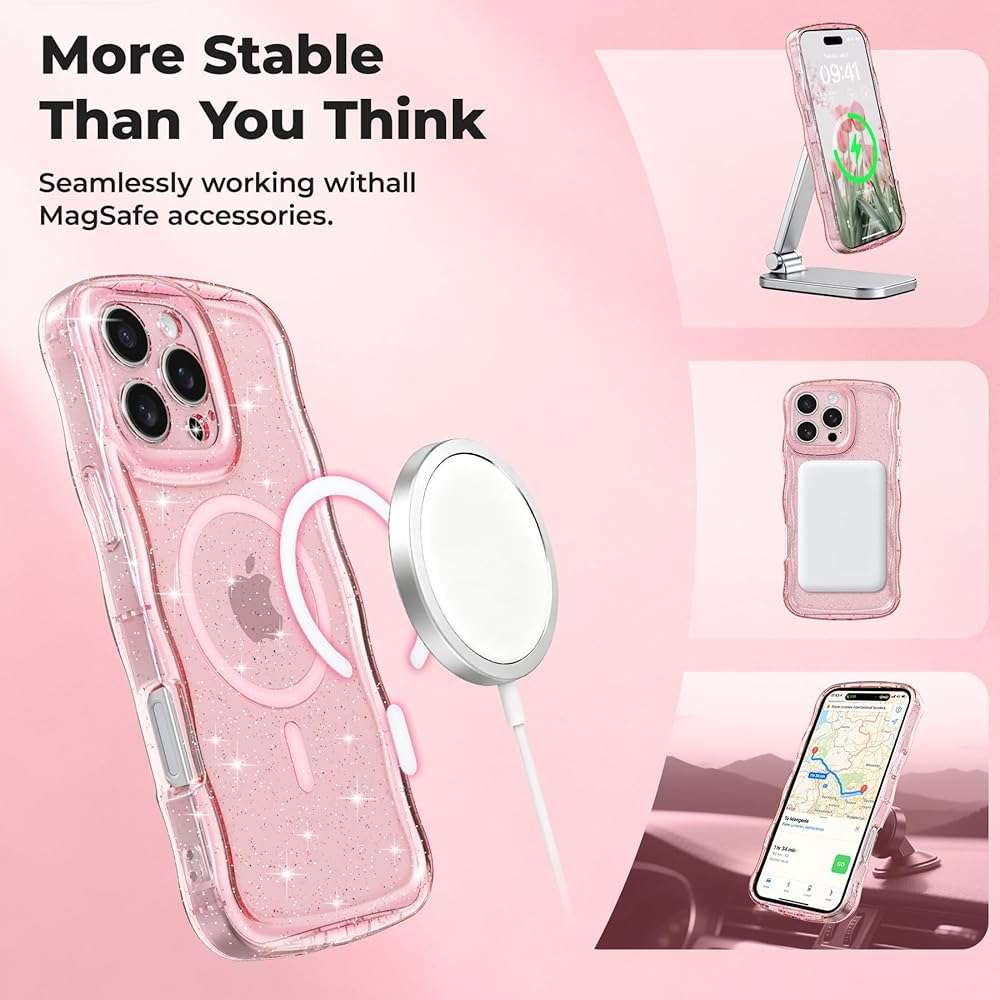 FABSPARK Case for iPhone 16e/17e,Compatible with MagSafe,Magnetic Clear Curly Wavy Frame Wave Case with Sparkly Bling Glitter,Transparent Acrylic Hard PC for iPhone 17e/16e,Glitter Clear Pink - Image 3