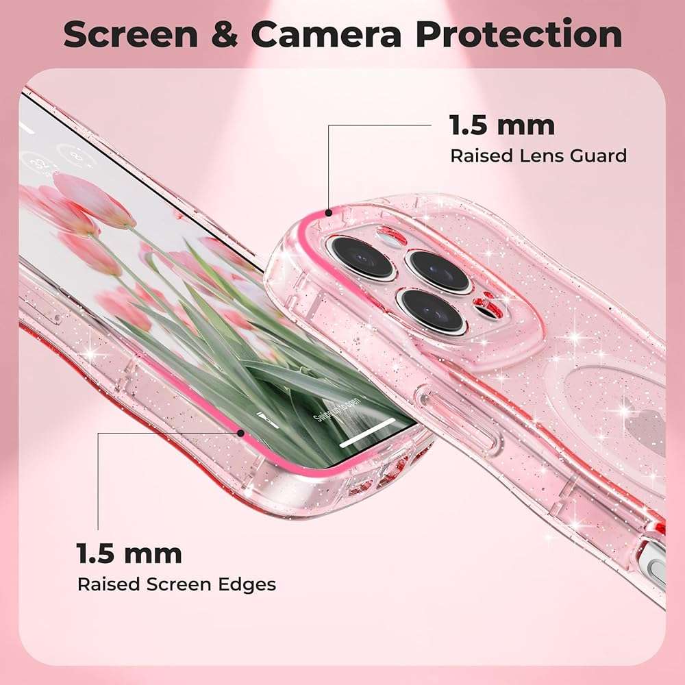 FABSPARK Case for iPhone 16e/17e,Compatible with MagSafe,Magnetic Clear Curly Wavy Frame Wave Case with Sparkly Bling Glitter,Transparent Acrylic Hard PC for iPhone 17e/16e,Glitter Clear Pink - Image 5